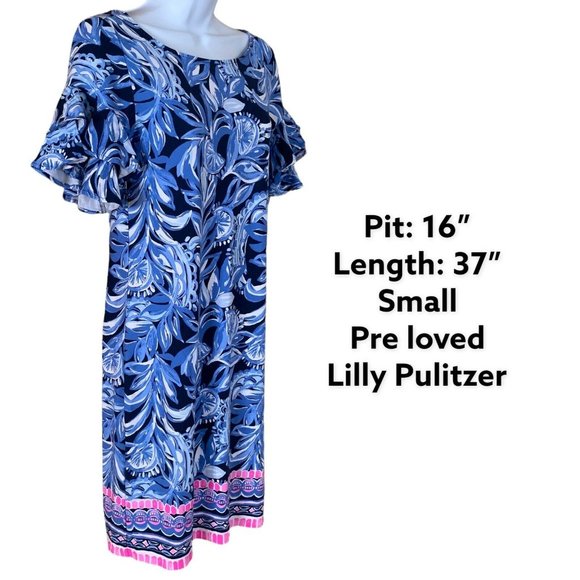 Lilly Pulitzer Shift Dress Short Ruffle Sleeves Blue Pink Tropical Print Size S - Picture 3 of 7